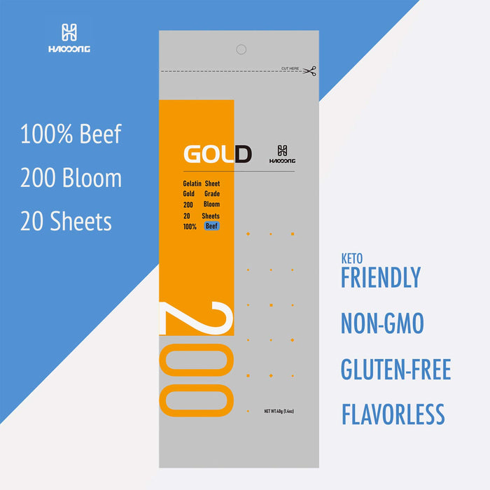 HAODONG Beef Gold Leaf Gelatin Sheets - 200 Bloom (20 Sheets, 40g) for Mirror Glaze Dessert Jellies Mousse Cake