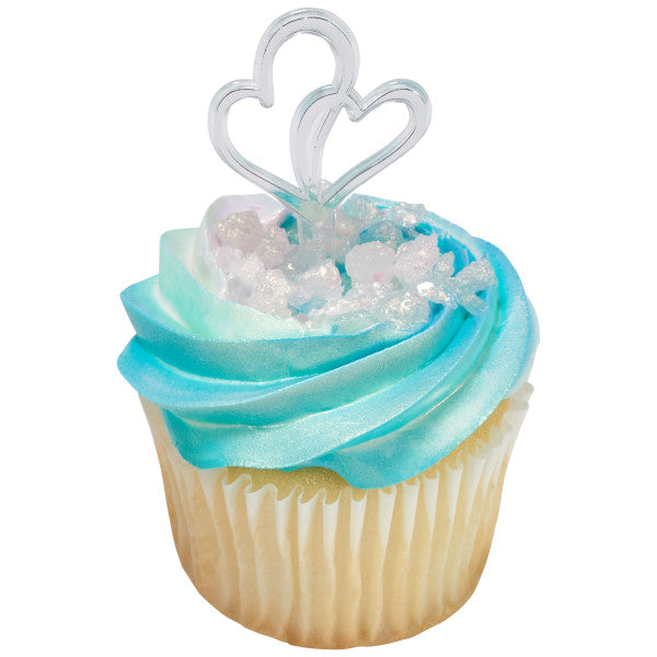 Double Heart Silver Cupcake or Cake Decorating plastic toppers 12 set
