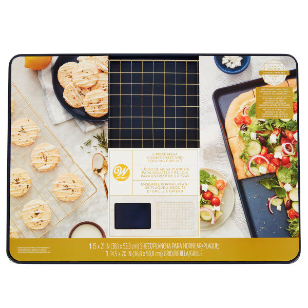 Wilton Non-Stick Diamond-Infused Navy Blue Mega Cookie Sheet with Gold Cooling Grid Set