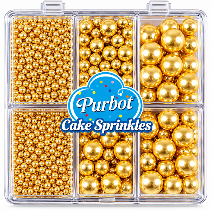Gold Edible Sugar Pearls Assorted Sizes 2mm 4mm 7mm 10mm – 6-Compartment Cake Decorating Sprinkles