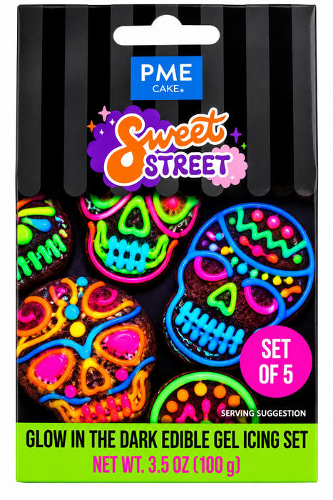 PME Sweet Street Glow in the Dark Edible Gel Icing Set 5 Pack – Blacklight Reactive Cake & Cookie Decorating Gels – 3.5 oz.