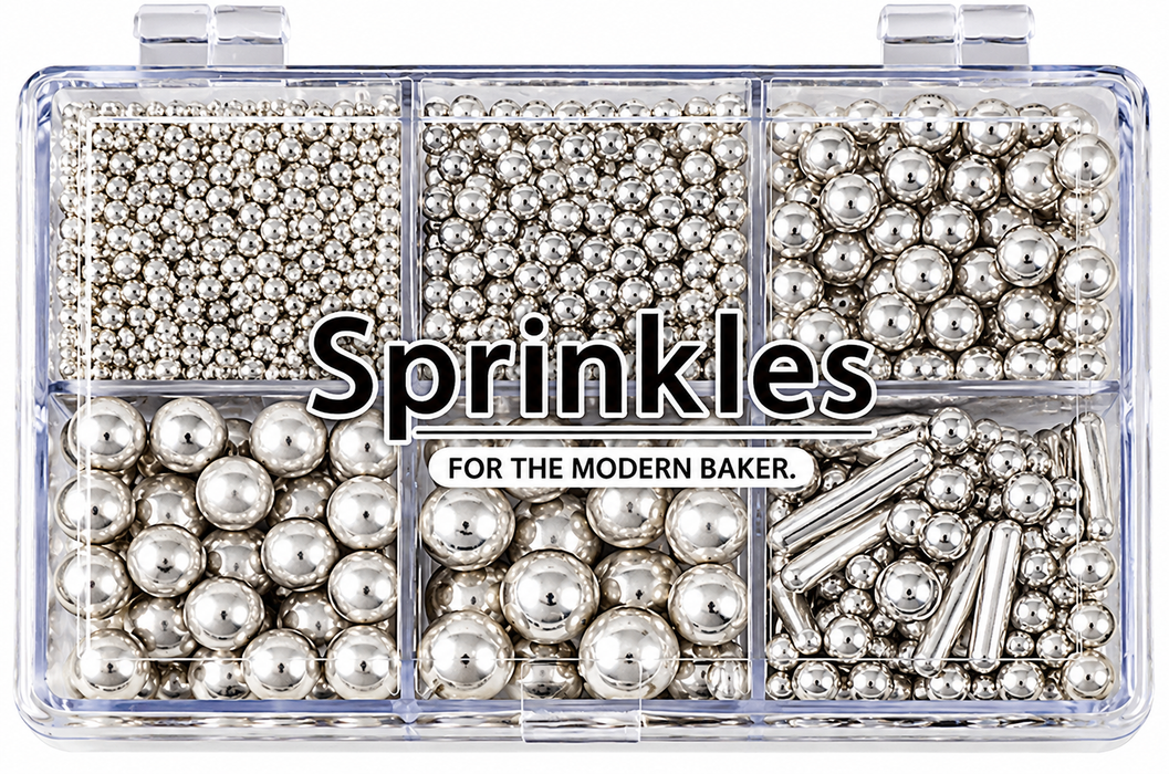Bright silver Edible Sugar Pearls and rods Sprinkles 4.16 oz tackle box 6 cells – Mixed Sizes 2mm–10mm Cake & Cupcake Decorations