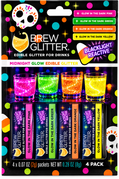 BREW GLITTER Midnight Glow in dark Edible Drink Glitter 4 Pack – Blacklight Reactive Pink, Green, Orange & Yellow – 0.28 oz.