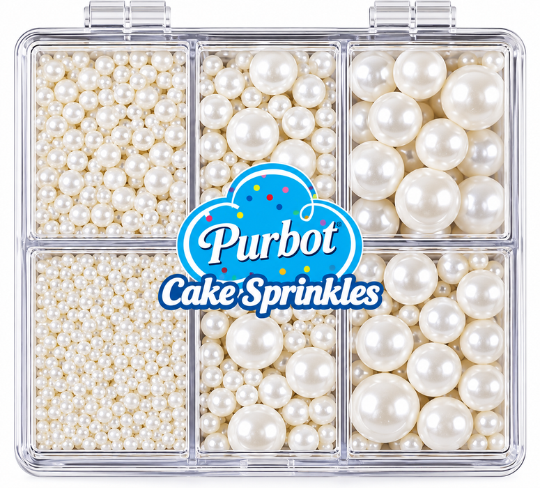 White Edible Sugar Pearls Assorted Sizes 2mm 4mm 7mm 10mm – 6-Compartment Cake Decorating Sprinkles