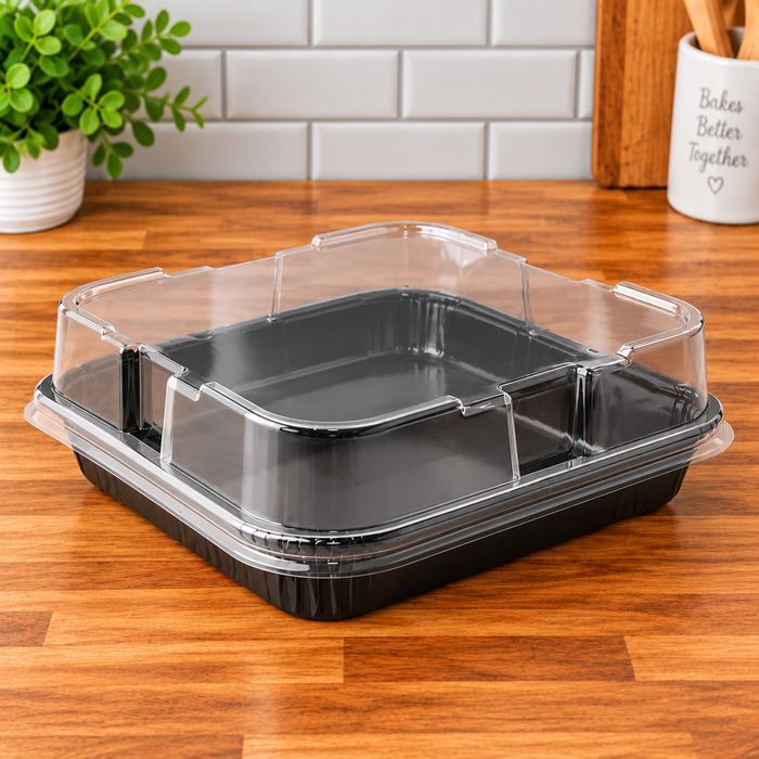 Bake, Take, and Show 8" x 8" Black Oven-Safe Cookie, brownie, muffin, cinnamon roll, Takeout Tray with Clear Lid
