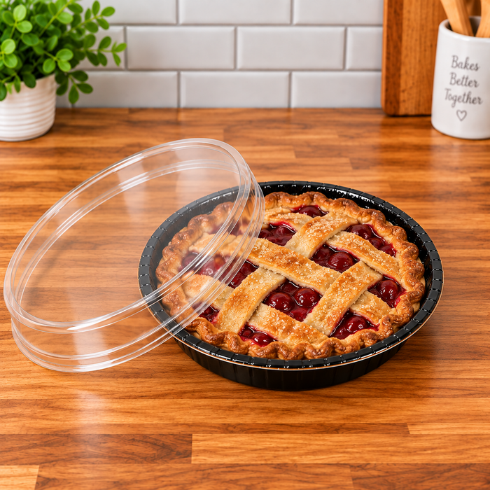 Bake, Take, and Show 6 5/8" round Black Oven-Safe Cookie, pie, rolls, bread Takeout Tray with Clear Lid