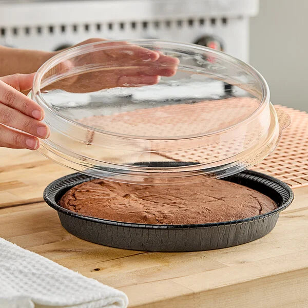 Bake and Show 10 1/4" Round Black Corrugated Oven Safe Paperboard Takeout / Cake Pan with clear Lid