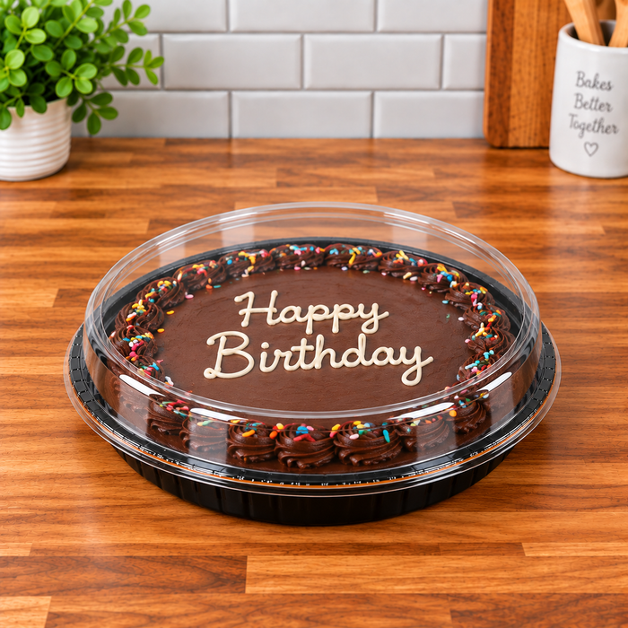 Bake, Take, and Show 10 1/4" Round Black Oven-Safe Cookie, cakes, pies Takeout Tray with Clear Lid