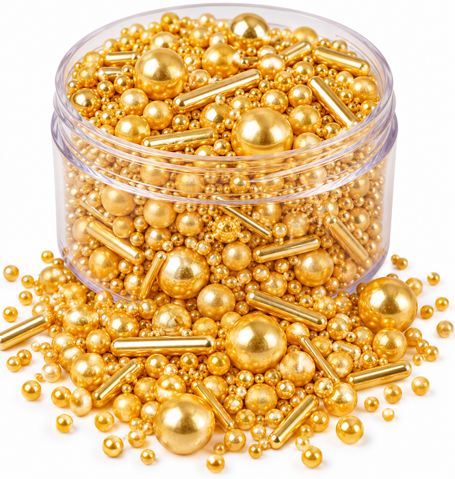 Bright Gold Edible Sugar Pearls and rods Sprinkles 4.16 oz tackle box 6 cells – Mixed Sizes 2mm–10mm Cake & Cupcake Decorations