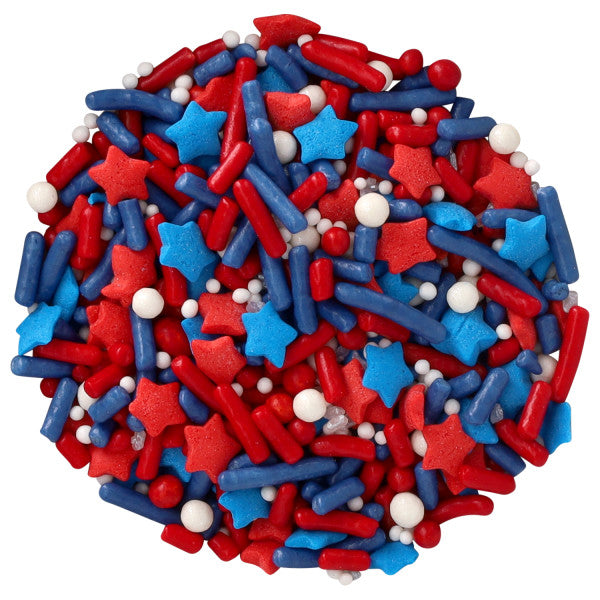 Patriotic Fusion Mix Sprinkles Red White and Blue 26 oz. handheld container