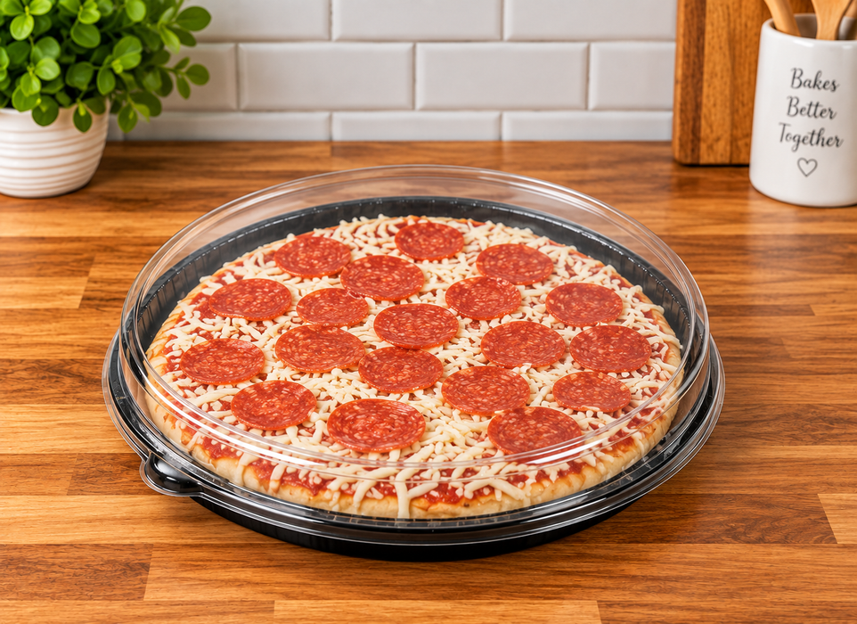 Bake, Take, and Show 13" Black Oven-Safe Cookie and Pizza Takeout Tray with Clear Lid