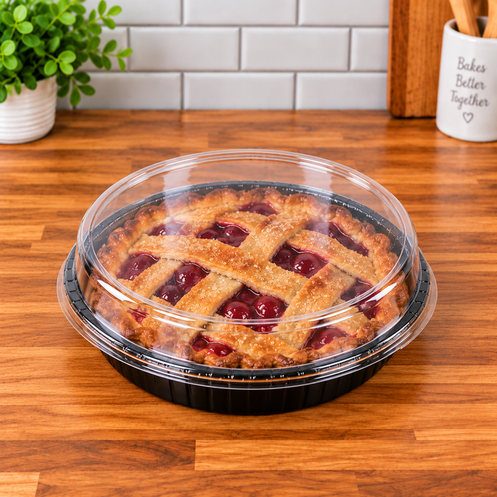 Bake, Take, and Show 6 5/8" round Black Oven-Safe Cookie, pie, rolls, bread Takeout Tray with Clear Lid