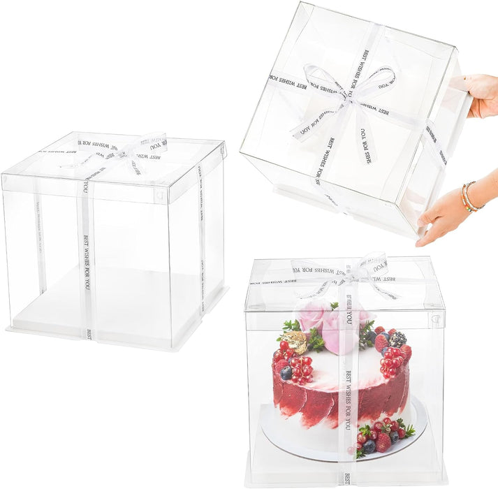 10x10x10 Inch Clear Cake Box Transparent White Tall Layer with clear lid