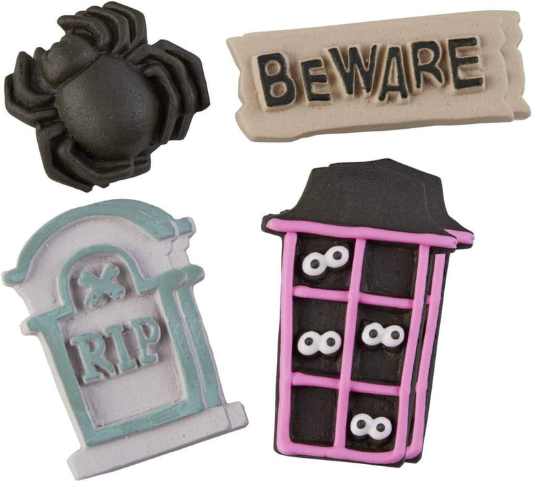 Halloween Candy Decorations 4 ct Tombstone, Beware sign, Window, and Spider