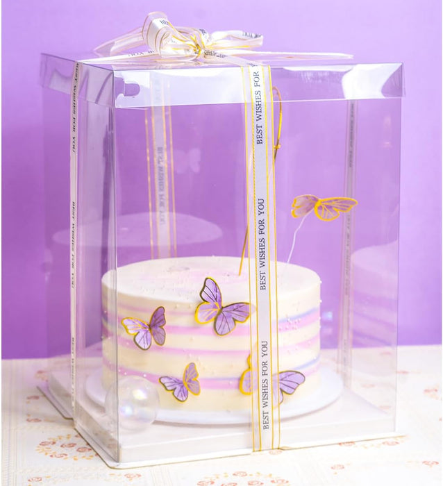 XININSUN Pink Clear Cake Box With Ribbon,12x12x10inch Tall Cake Boxes For Tiered Cake, Transparent Cake Carrier, Cake Containers Clear Gift Box For Wedding, Birthday, Party(6pcs