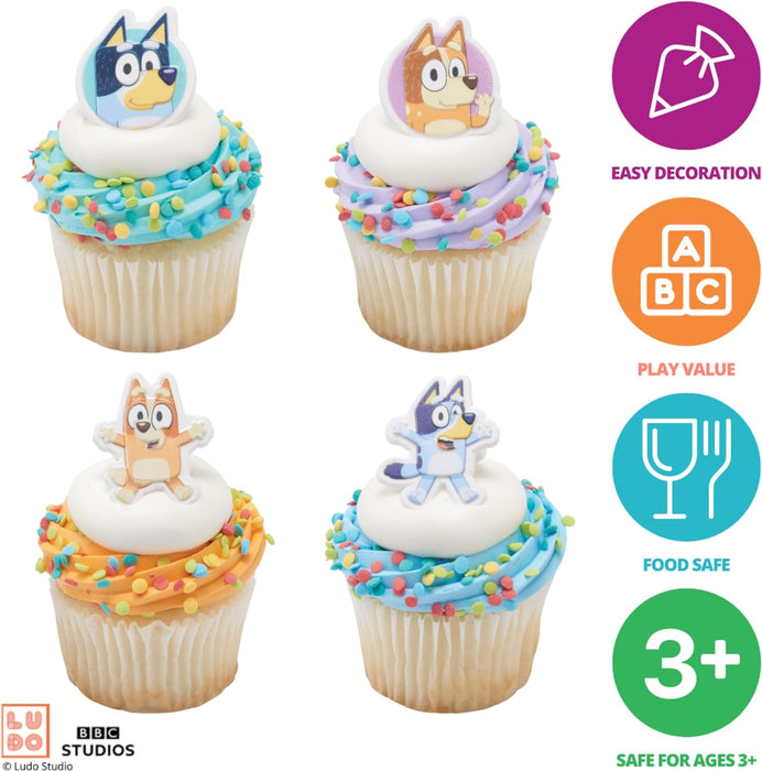 Bluey So Much Fun Rings, 12 Cupcake Decorations Featuring Bluey, Bingo, Bandit, and Chilli, 3D Food Safe Cake Toppers – 12 Pack