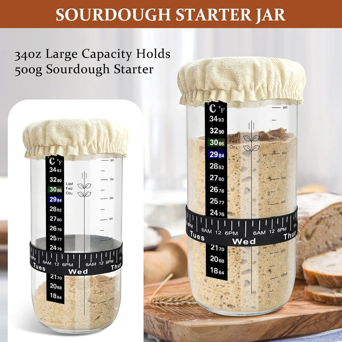Sourdough Starter Jar, 32oz Sourdough Bread Baking Supplies Fermentation Kit Glass Jars Bread Making Accessories Date Marked Feeding Band Thermometer