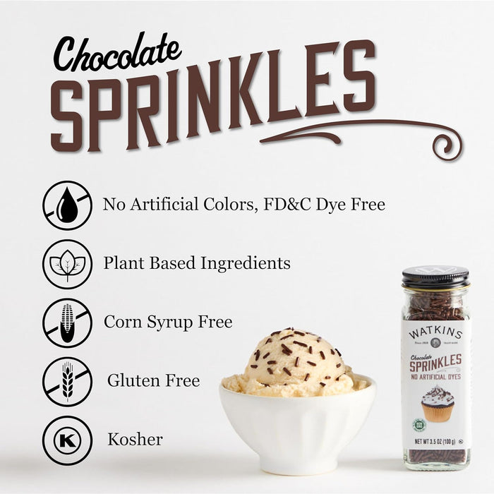 Watkins Chocolate Jimmies Decorating Sprinkles Sugar, Non-GMO, Kosher, 3.5 Ounce Jar Dye Free