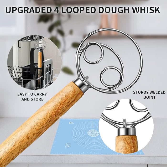 Stainless Steel Danish style Handheld Beater Whisk, 2-in-1 Dough Mixer and Egg Beater