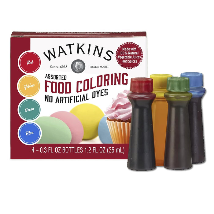 Watkins Assorted Food Coloring, 1 Each Red, Yellow, Green, Blue, Total Four .3 oz bottles Jar Dye Free