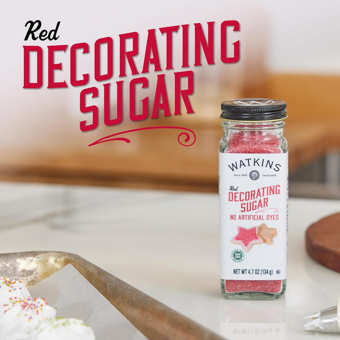 Watkins RED Sanding Decorating Sugar, Non-GMO, Kosher, 4.7 Ounce Jar Dye Free