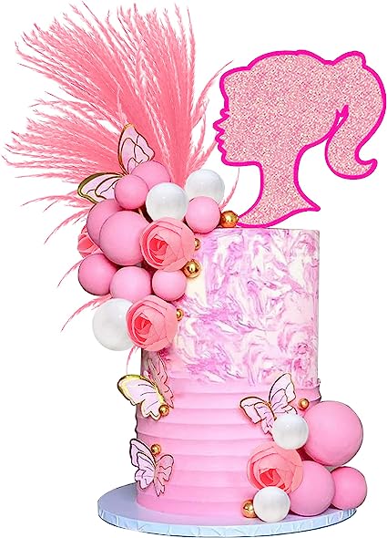 Barbie Style Vintage Pink Girl Cake Toppers 44pc Balls, Boho Reed Grass, Flowers, and Butterfly Cake Decoration Kit