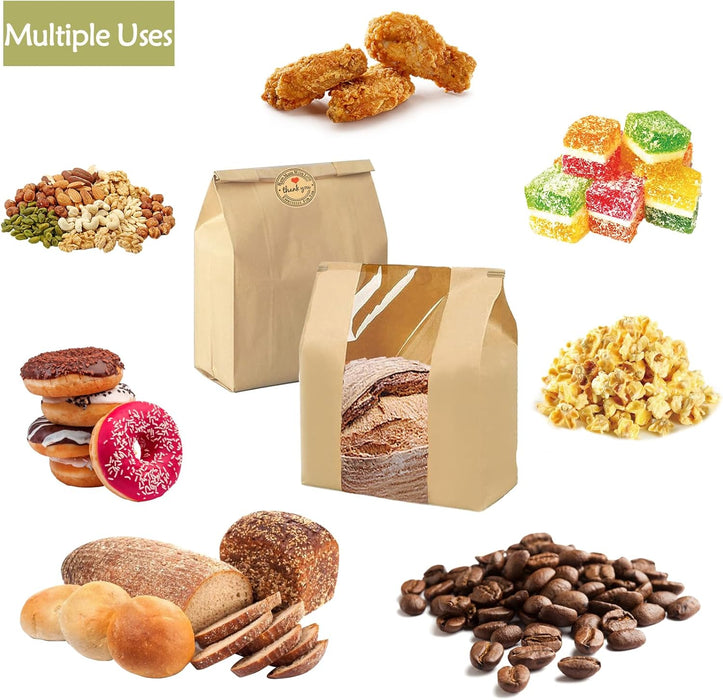 Loegnry 25-Pack Bread Bags For Homemade Sourdough - Kraft Paper With Window & Stickers (13.7 X 8.3 Inch)
