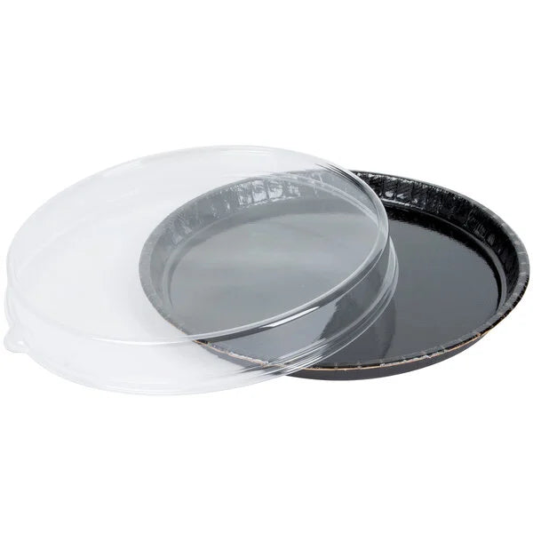 Bake and Show 13" Round Black Corrugated Oven Safe Paperboard Takeout / Cake Pan with clear Lid