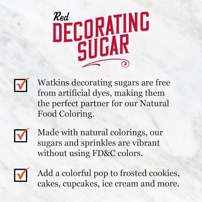 Watkins RED Sanding Decorating Sugar, Non-GMO, Kosher, 4.7 Ounce Jar Dye Free