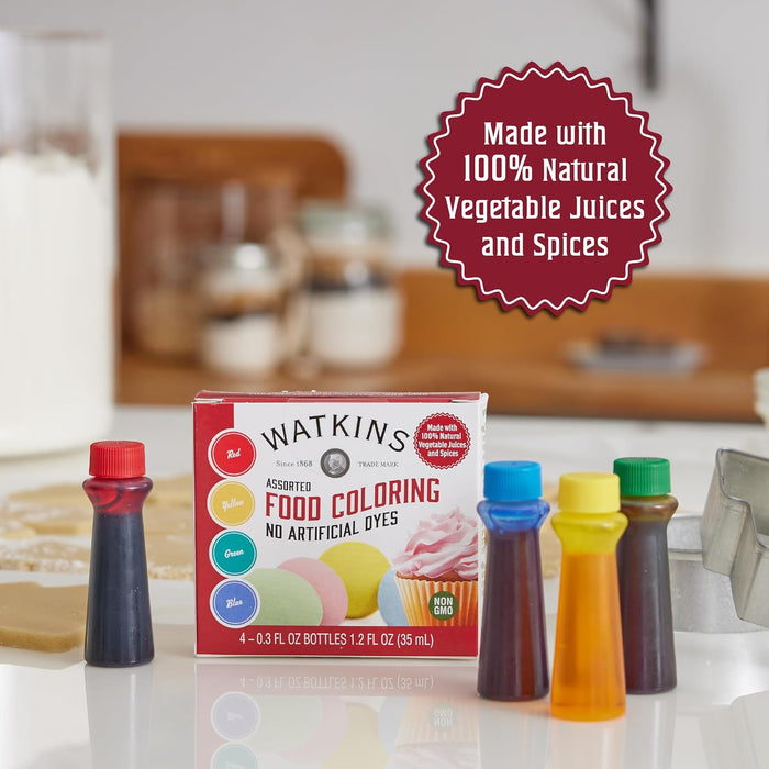 Watkins Assorted Food Coloring, 1 Each Red, Yellow, Green, Blue, Total Four .3 oz bottles Jar Dye Free