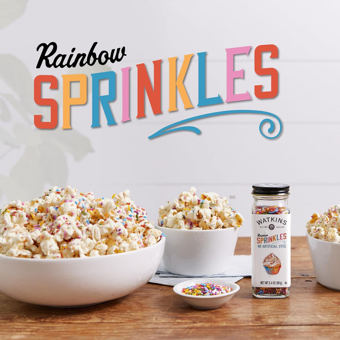 Watkins Rainbow Jimmies Decorating Sprinkles Sugar, Non-GMO, Kosher, 3.4 Ounce Jar Dye Free