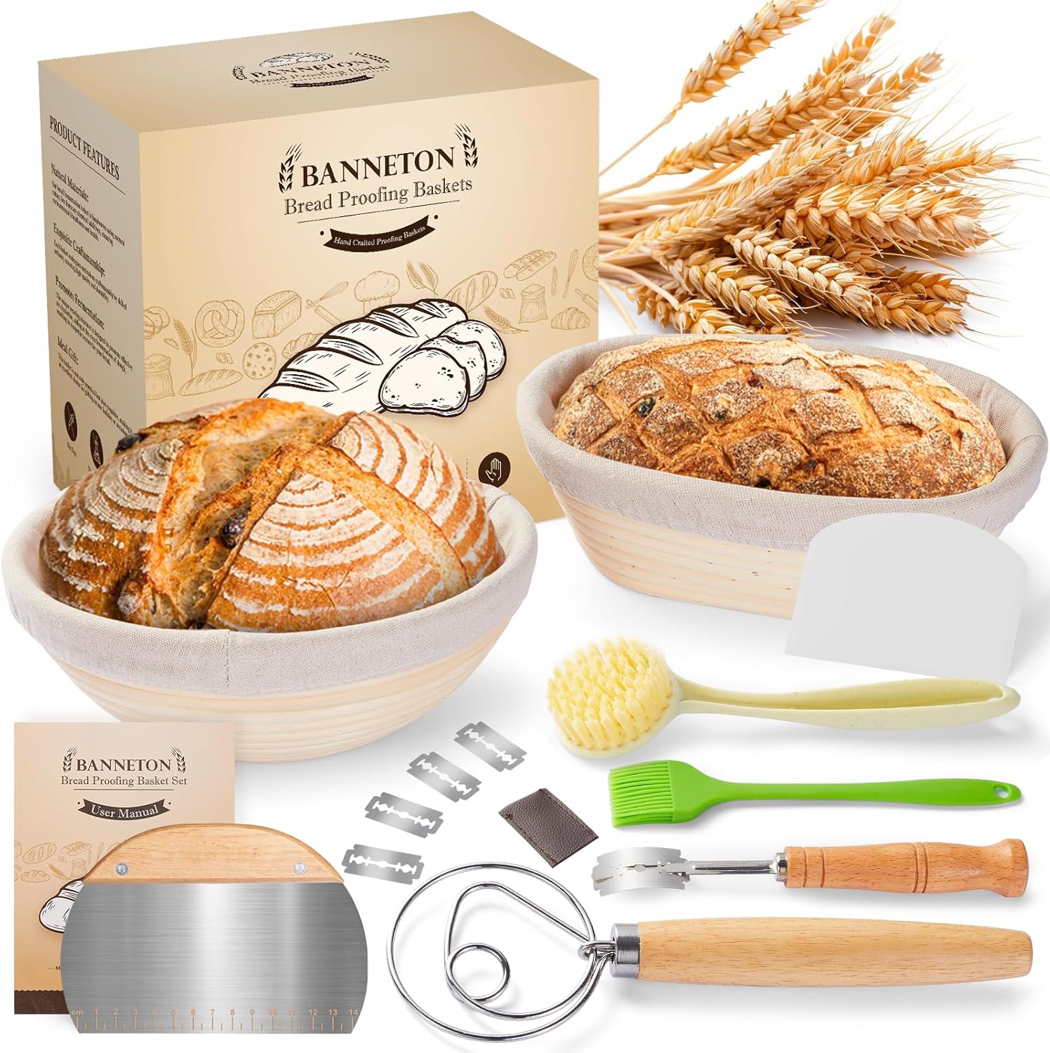 Sourdough Bread Proofing Basket Set - 10" Round & 9.6" Oval Rattan Bannetons With Liner, Scraper, Whisk & Lame