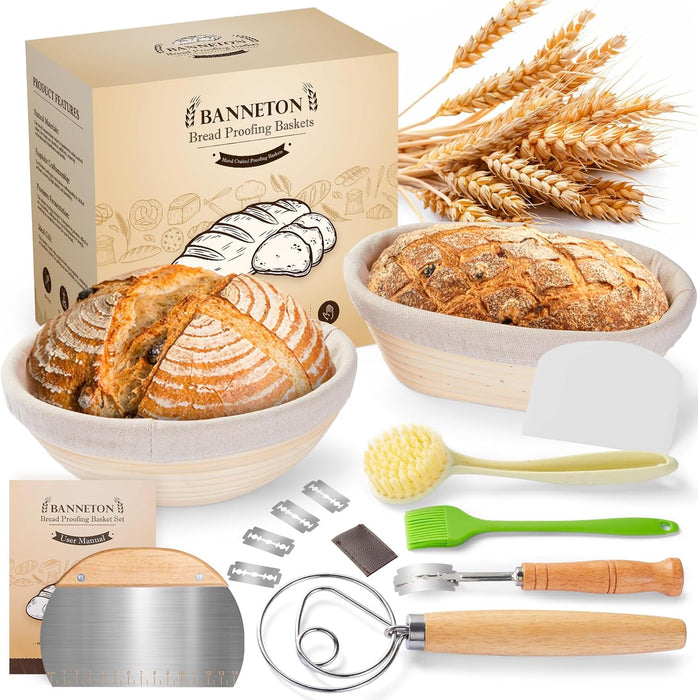 Bread Proofing Basket Set of 2, 9 Inch Round Sourdough Starter Kit, Bread Baking Supplies Tools with Proofing Basket for Bread Making, Dough Whisk, Bread Lame