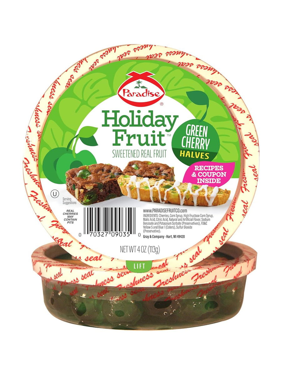 Paradise Candied Fruit, Green Cherry Halves, 4 Ounce — Cake and