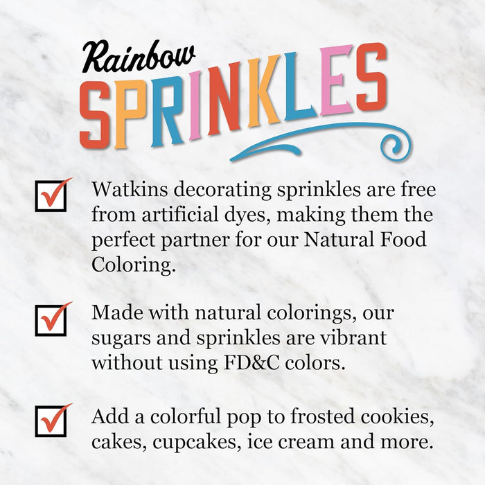 Watkins Rainbow Jimmies Decorating Sprinkles Sugar, Non-GMO, Kosher, 3.4 Ounce Jar Dye Free