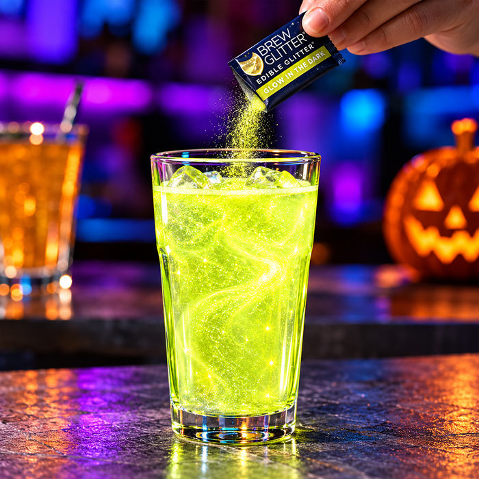 BREW GLITTER Midnight Glow in dark Edible Drink Glitter 4 Pack – Blacklight Reactive Pink, Green, Orange & Yellow – 0.28 oz.