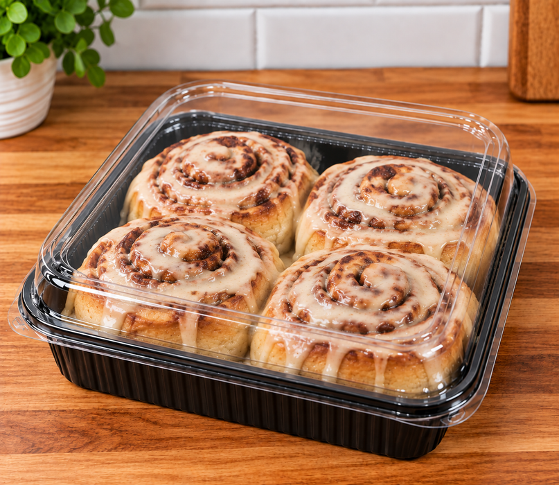 Bake, Take, and Show 8" x 8" Black Oven-Safe Cookie, brownie, muffin, cinnamon roll, Takeout Tray with Clear Lid