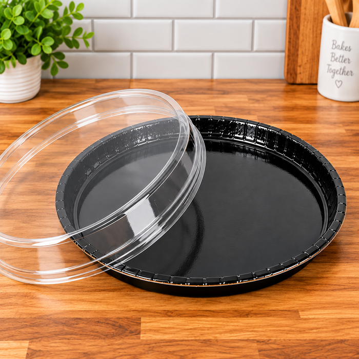 Bake, Take, and Show 13" Black Oven-Safe Cookie and Pizza Takeout Tray with Clear Lid