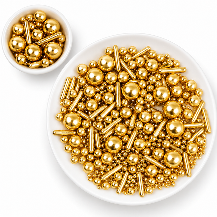 Bright Gold Edible Sugar Pearls and rods Sprinkles 4.16 oz tackle box 6 cells – Mixed Sizes 2mm–10mm Cake & Cupcake Decorations