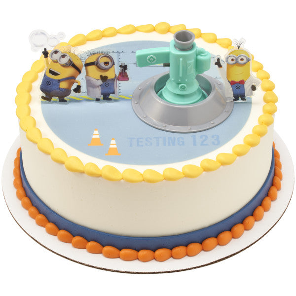 Minions Fart Bubble Blaster Cake Topper, 4 Piece Decoration Set With Working Bubble Wand, Stand, & Kevin, Bob, & Stuart Cake Kit