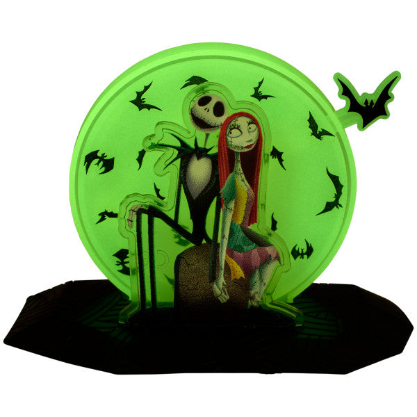 Disney Tim Burton's The Nightmare Before Christmas Cake Topper, 2-Piece Decoration Set Featuring Jack Skellington & Sally And Glow In The Dark Moon