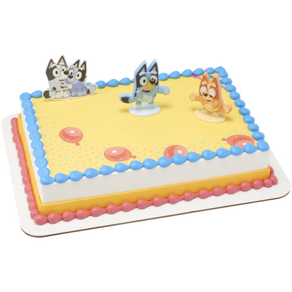 Bluey Dance Mode Cake Toppers, 3 Piece Cake Decoration with Bluey and Bingo Figurines and Muffin & Socks Poly Pic, For Birthday, Parties, Celebration