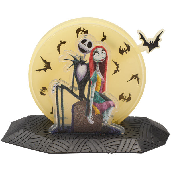 Disney Tim Burton's The Nightmare Before Christmas Cake Topper, 2-Piece Decoration Set Featuring Jack Skellington & Sally And Glow In The Dark Moon