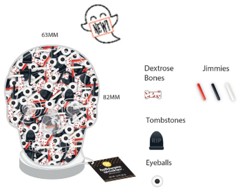 Wilton Skull shaped sprinkle container with Bloody Dextrose Bones, Tombstones, Eyeballs, and Jimmies Spooky Halloween Sprinkles Mix, 2.5 oz.