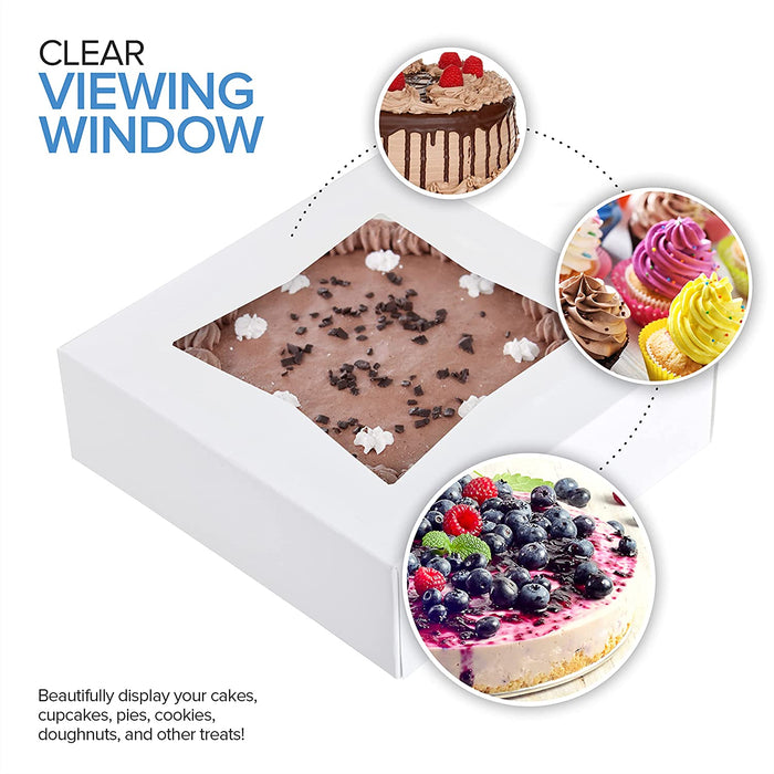8 x 8 x 2.5” White Bakery Boxes with Window Pastry Boxes for Strawberries, Dessert Boxes, Bakery