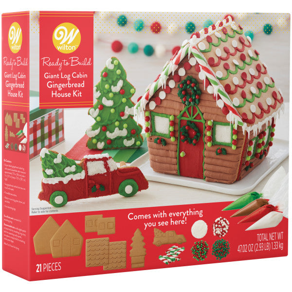 Wilton Ready-to-Build Giant Log Cabin, Truck and Tree Gingerbread House Kit, 21-Piece