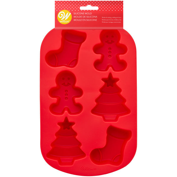 Wilton Christmas Stocking, Tree and Gingerbread Boy Silicone Baking and Candy Mold, 6-Cavity