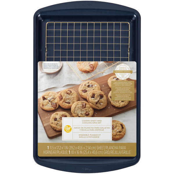 Wilton Diamond-Infused Non-Stick Large Navy Blue Cookie Sheet with Gold Cooling Grid Set