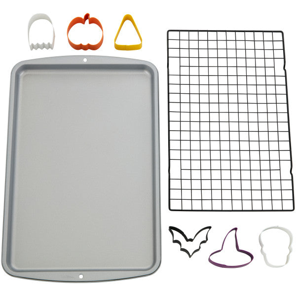Wilton Halloween Cookie Sheet, Cooling Grid and Cookie Cutter Baking Set, 8-Piece