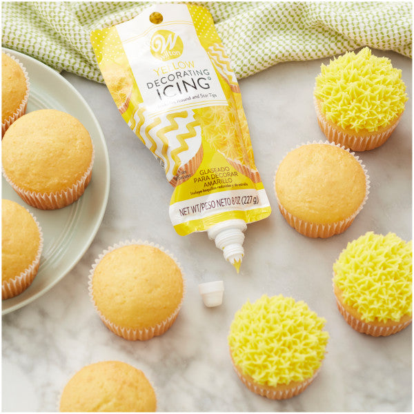 Wilton Ready-to-Use Yellow Vanilla-Flavored Icing Pouch with Tips, 8 oz.